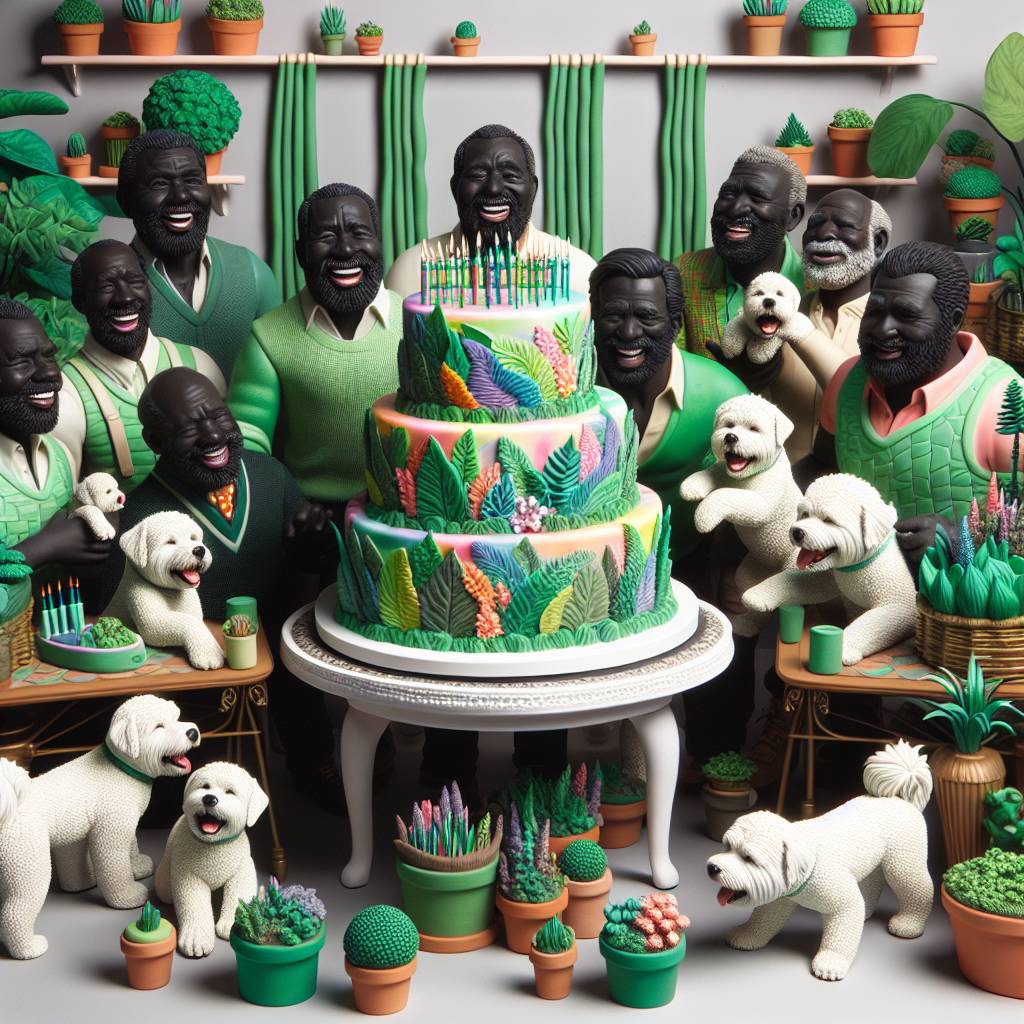 1) Birthday AI Generated Card - Black men, Matcha, Plants, and Crusty white dogs  (ec568)