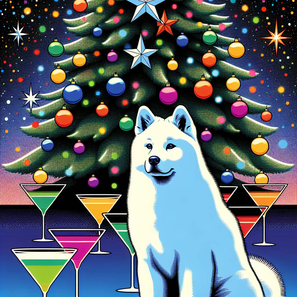 2) Christmas AI Generated Card - Korean Jindo White, Christmas Tree, and Martini