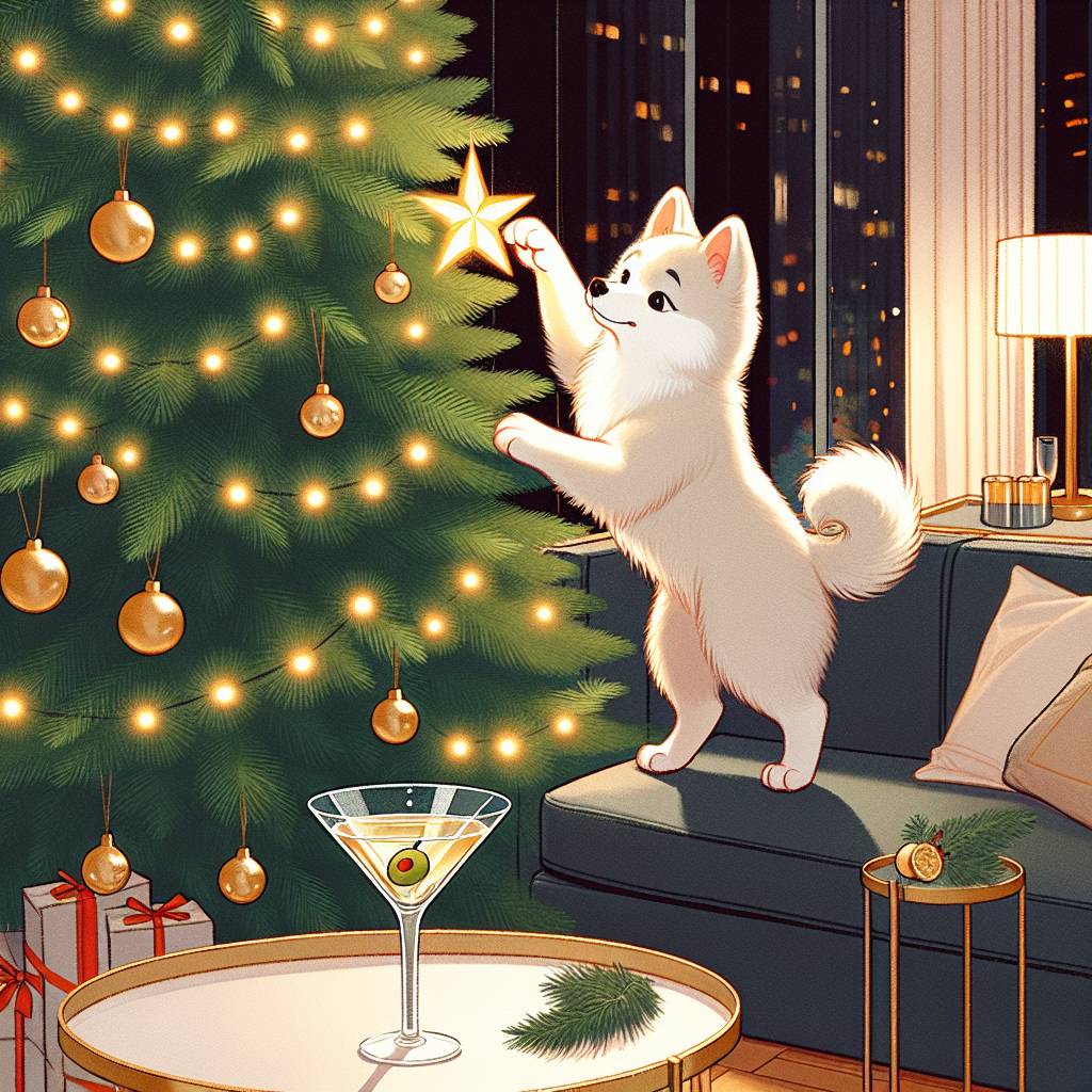 1) Christmas AI Generated Card - Korean Jindo White, Christmas Tree, and Martini