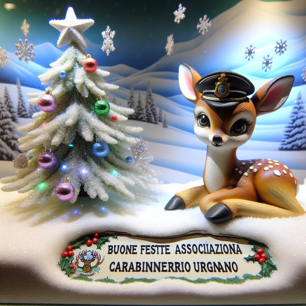 3) Christmas AI Generated Card - cerbiatto con cappello carabinieri albero fiocchi di neve (5a2ca)