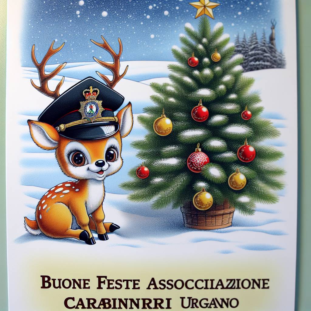 4) Christmas AI Generated Card - cerbiatto con cappello carabinieri albero fiocchi di neve (df61c)