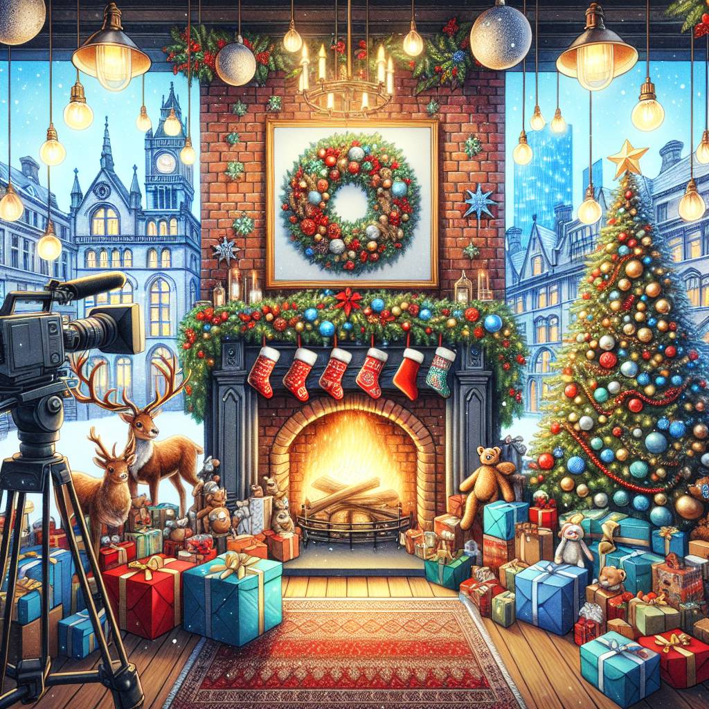 4) Christmas AI Generated Card - Christmas cards on a line above a fireplace in media city, Christmas tree, Manchester, Presents, Tv cameras, and Reindeer (94a51)