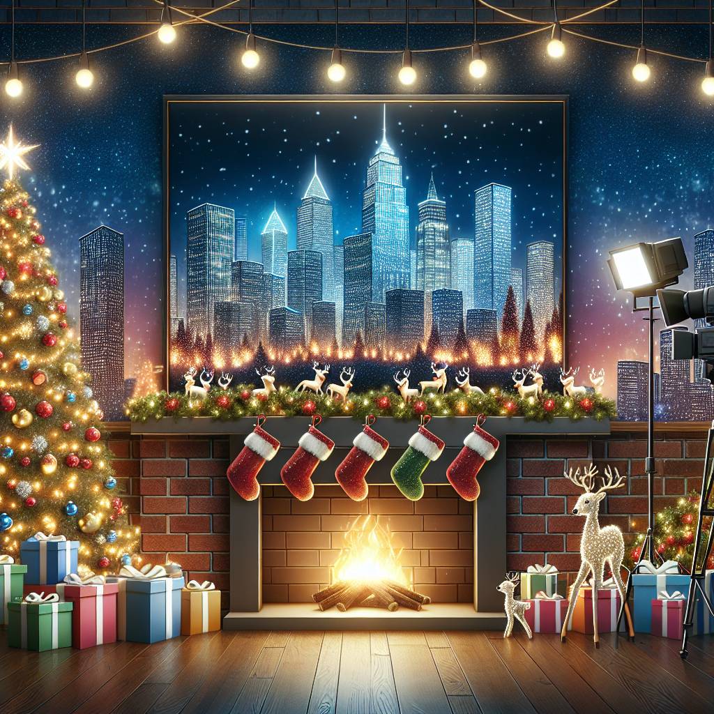 2) Christmas AI Generated Card - Christmas cards on a line above a fireplace in media city, Christmas tree, Manchester, Presents, Tv cameras, and Reindeer (ac145)