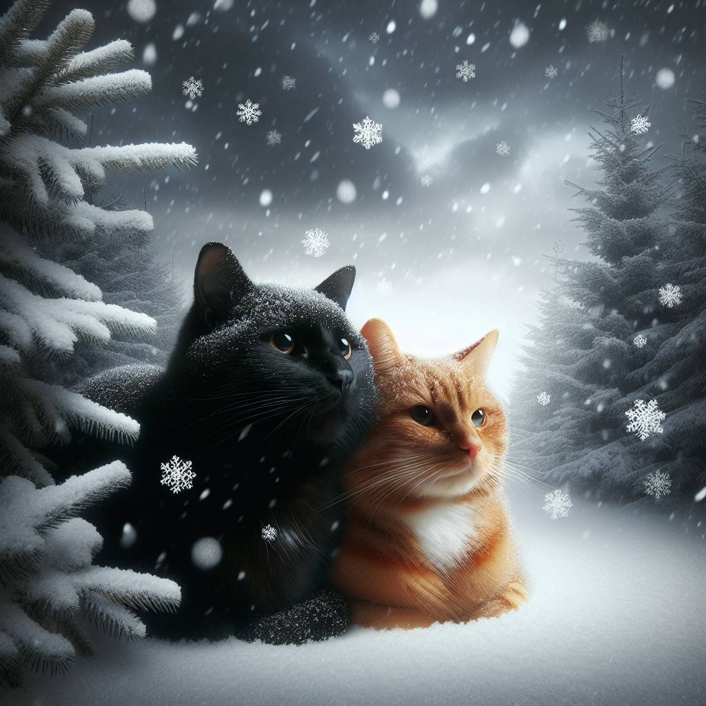 1) Christmas AI Generated Card - Black cat, Ginger cat, Snow, and Yule (a2a03)