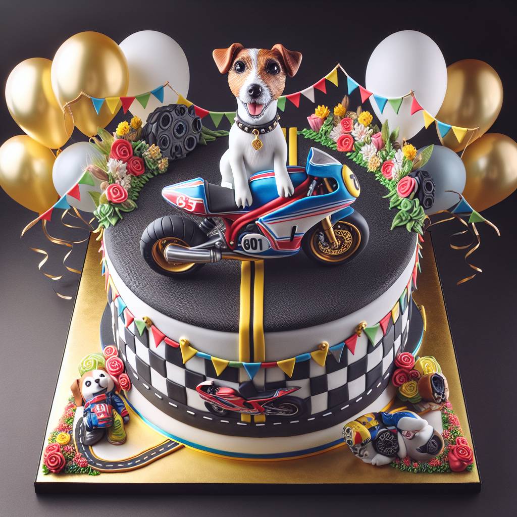 2) Birthday AI Generated Card - Motorbike racing, Jack russell, and Cake (7f404)