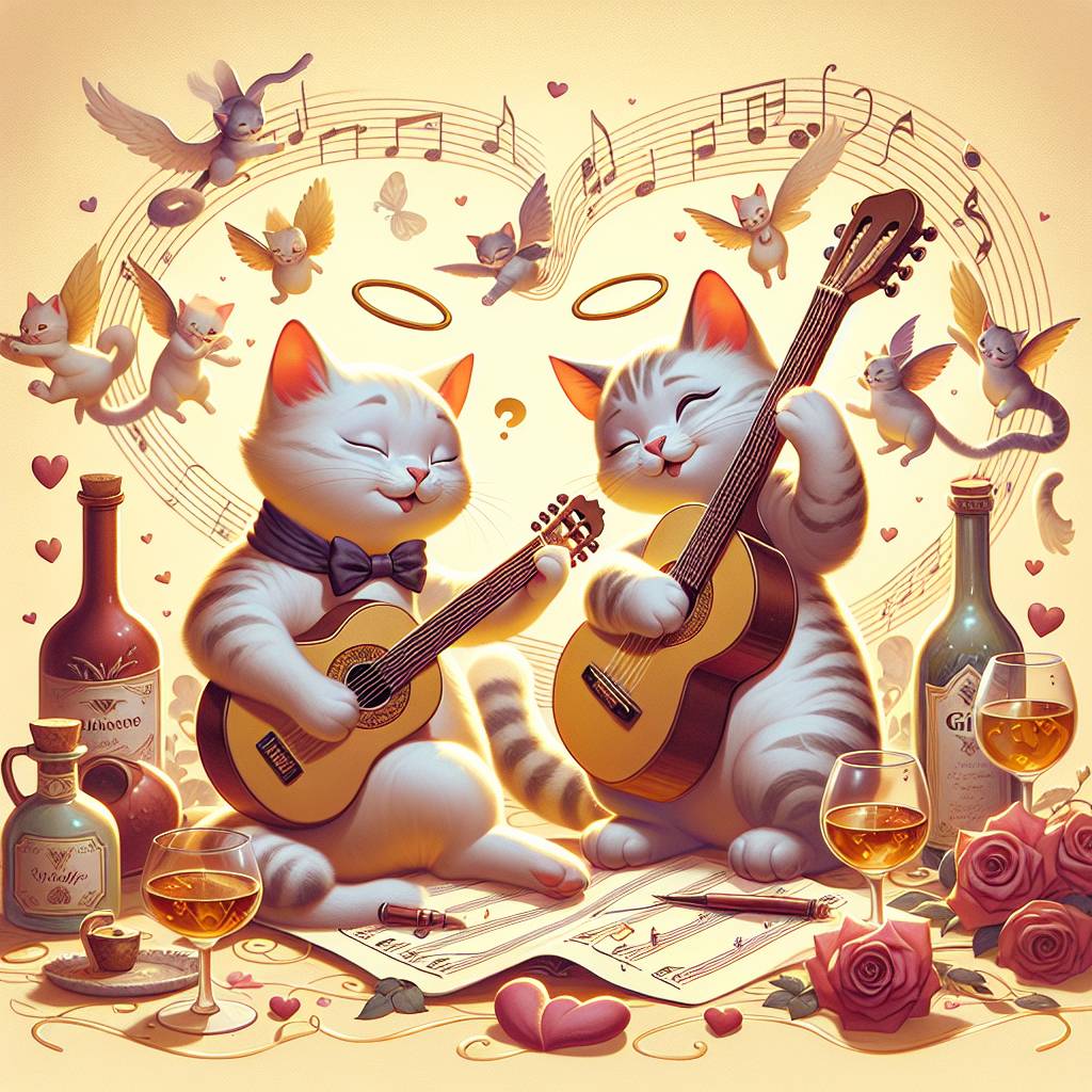 2) Valentines-day AI Generated Card - Music, guitars, cats, gin, angel delight, butterscotch,  (2604f)
