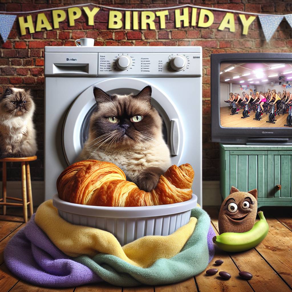 1) Birthday AI Generated Card - Our cat called Oscar, grumpy, sitting on the washing machine, Background of Brixton (London), A croissant and a bean in a bag (in love), A tv with a spin class , and Happy birthday  (a1751)