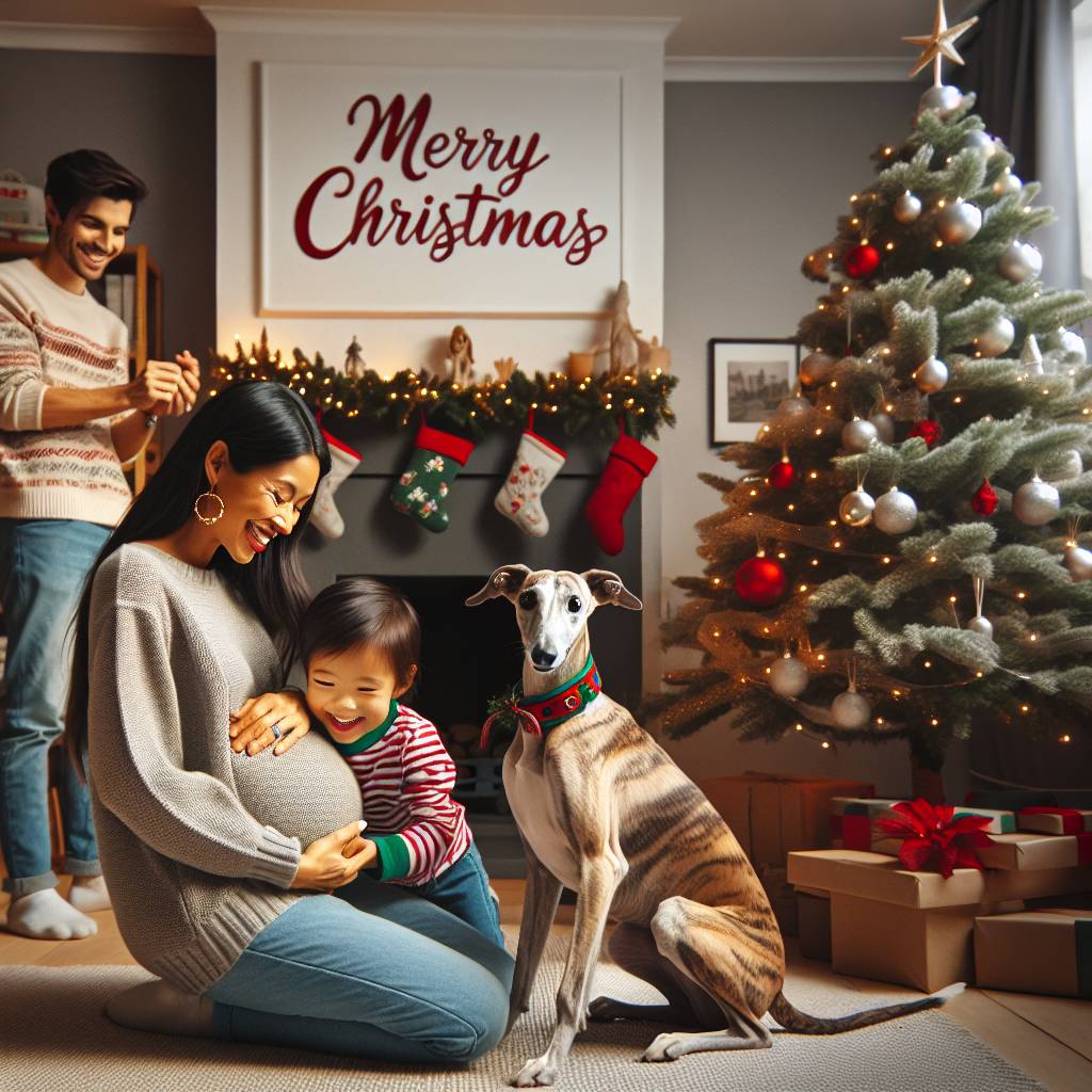 1) Christmas AI Generated Card - Mum pregnant , Daughter age 2 , Whippet, and Husband  (eec0f)