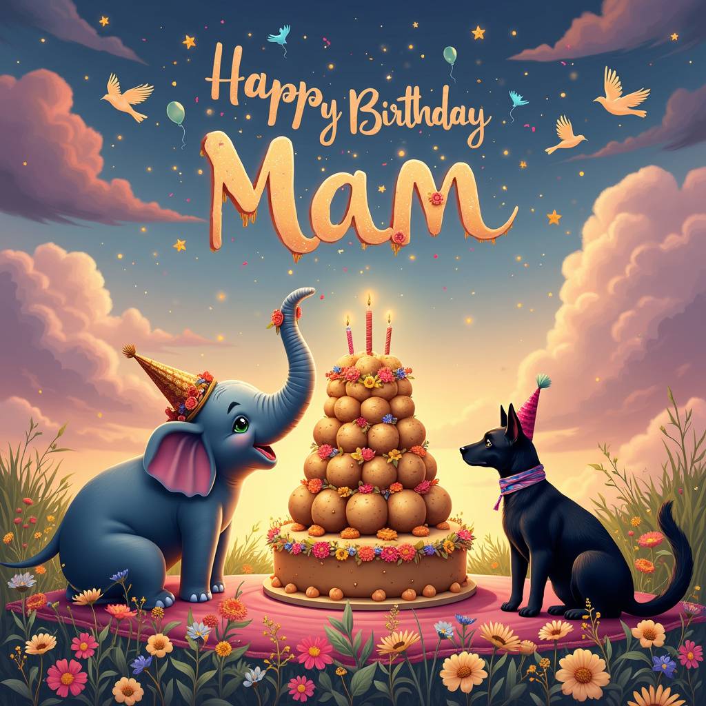 2) Birthday AI Generated Card - Black cat, Belgian malinois , Baked potatoes , Elephants, and Flowers (5ab3c)