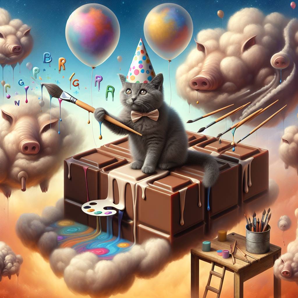 2) Birthday AI Generated Card - Grey cats, Chocolate , and Pigs (2d4b7)