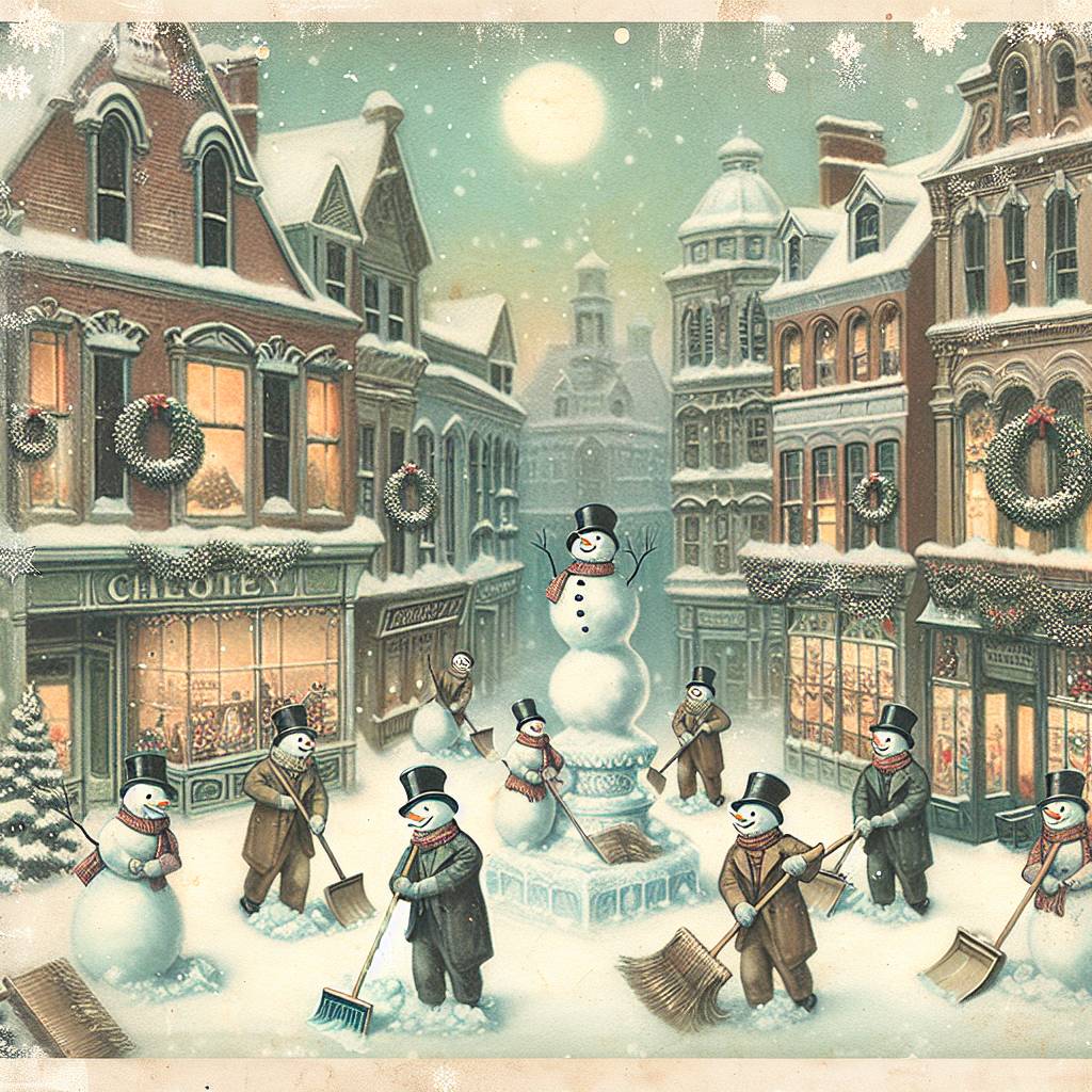4) Christmas AI Generated Card - Victorian Christmas snow scene, Snowman, and Merry Christmas Crewe Clean Team (7c7e2)