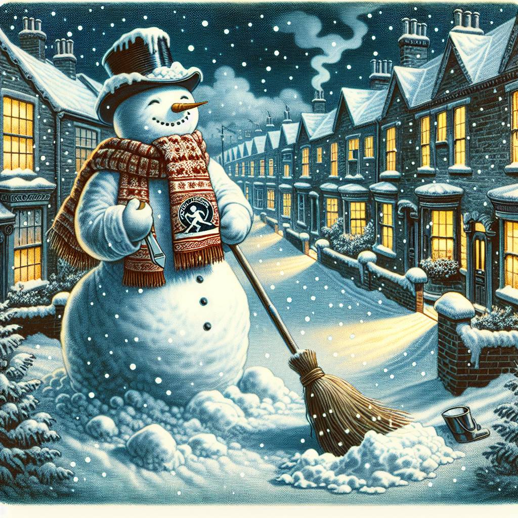 1) Christmas AI Generated Card - Victorian Christmas snow scene, Snowman, and Merry Christmas Crewe Clean Team (0416d)