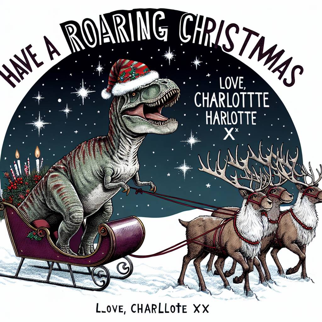 3) Birthday AI Generated Card - T-rex with a Christmas hat on, riding a sleigh with reindeer  (6c720)
