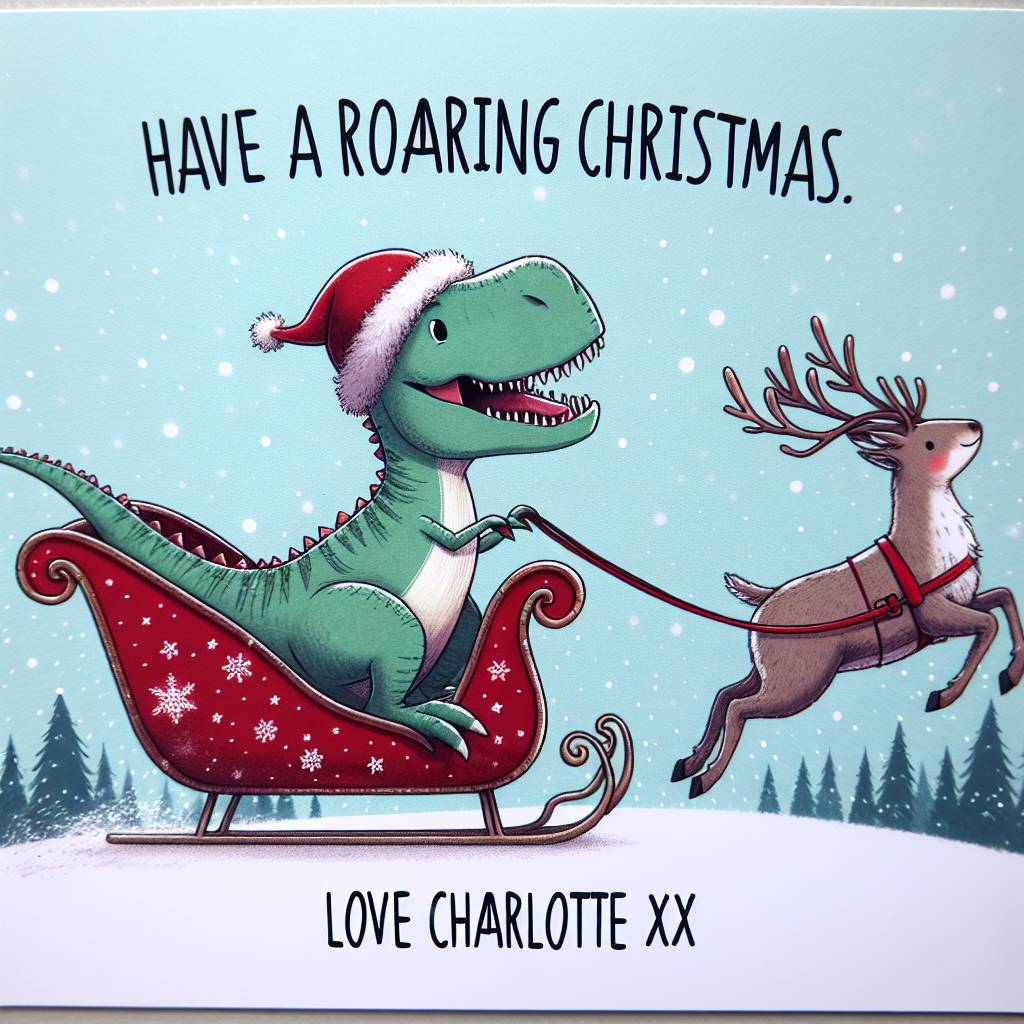 4) Birthday AI Generated Card - T-rex with a Christmas hat on, riding a sleigh with reindeer  (1e635)