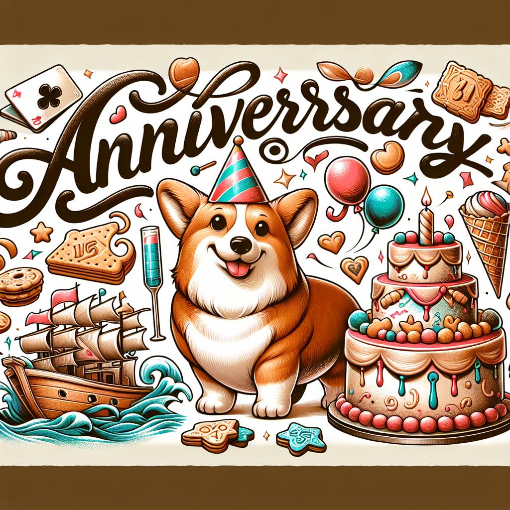 2) Anniversary AI Generated Card - Anniversary , Corgi, Cake and biscuits , Playing cards, Swimming , and Horse racing  (eac54)