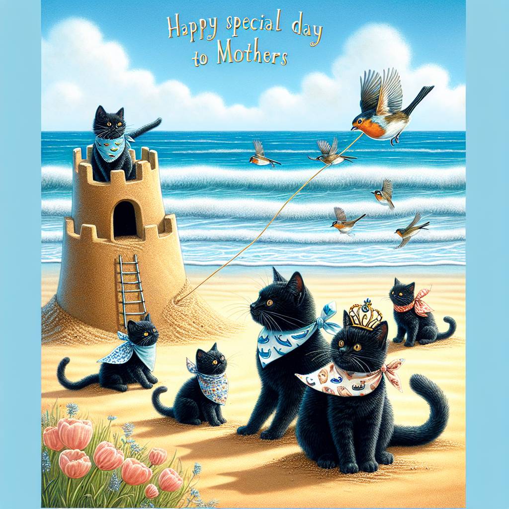 1) Mothers-day AI Generated Card - Black cats, Ocean, and Robins (84deb)