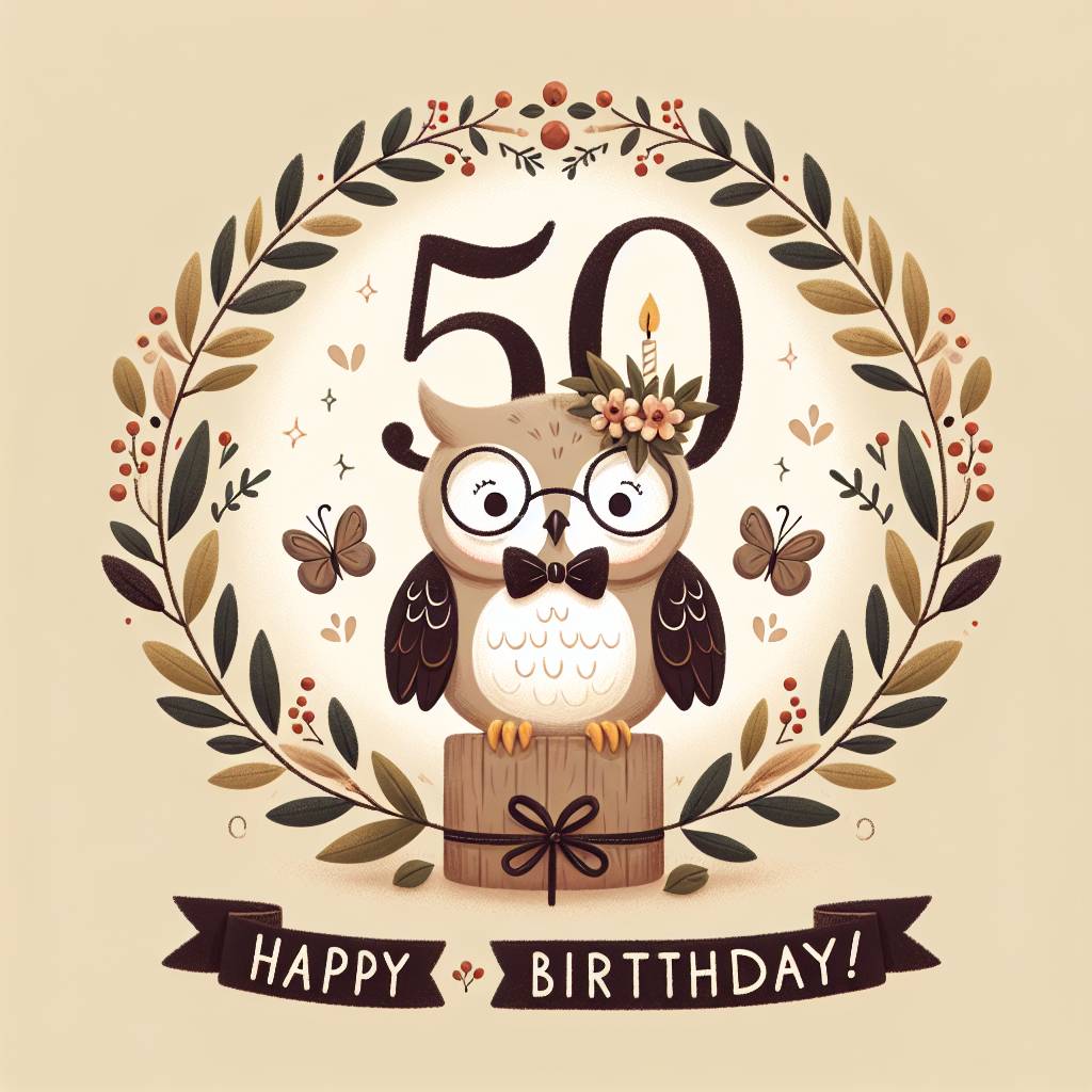 2) Birthday AI Generated Card - Owl, and 50th Birthday (6918e)