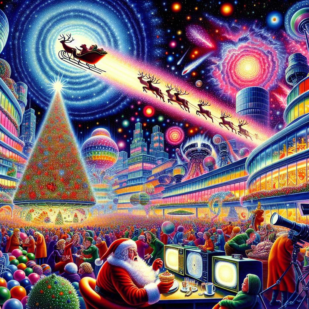 1) Christmas AI Generated Card - Christmas crackers, Santa flying a sleigh, Manchester, Media city, Turkey, Decorations, Tv cameras, and Moonlight (2daf0)