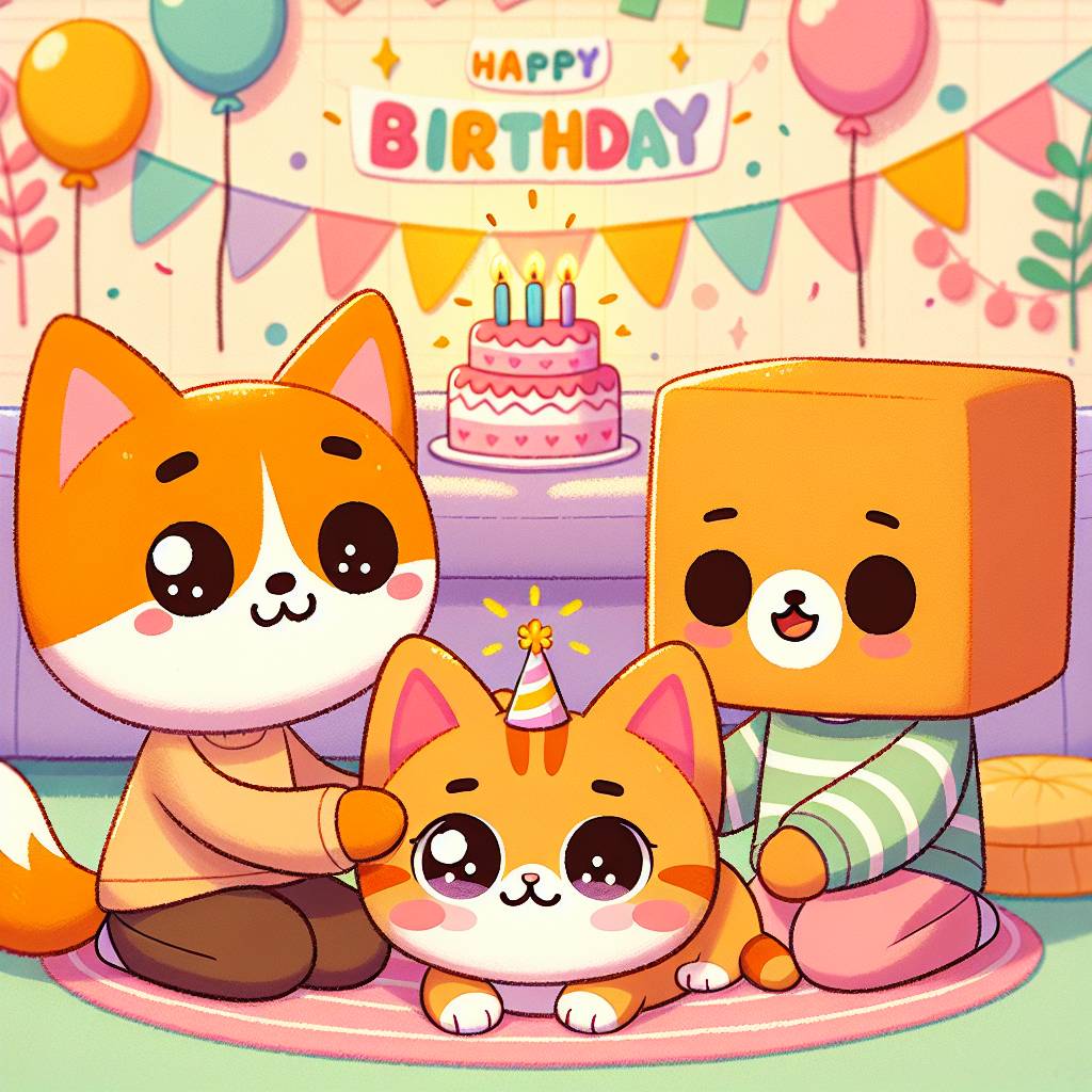 2) Birthday AI Generated Card - Foxy and Boxy from Lankybox, petting a cute kawaii looking ginger cat (0e560)