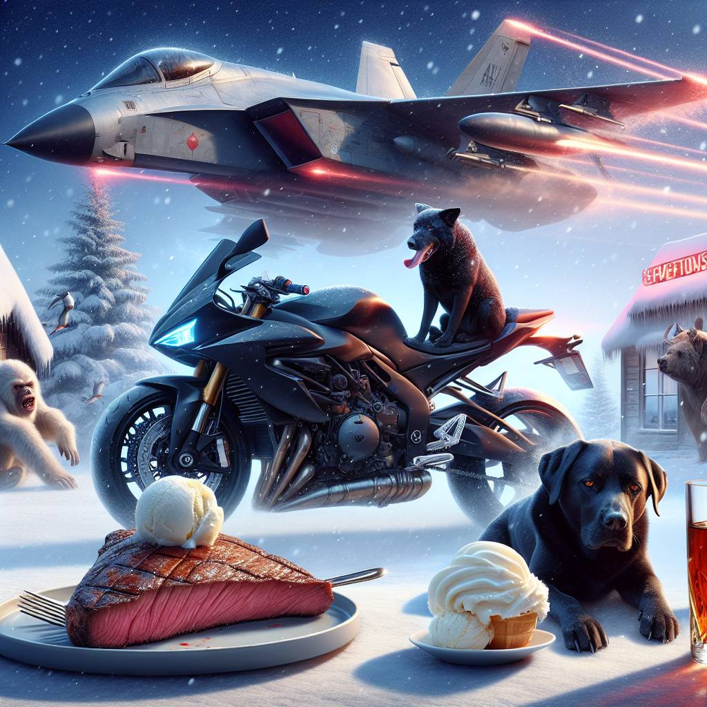 2) Valentines-day AI Generated Card - Black Labrador riding a sports motorbike, Tyne bridge, X Wing, Whiskey , Snow, Chewbacca eating vanilla ice cream, and Heart shaped steak (0f70d)