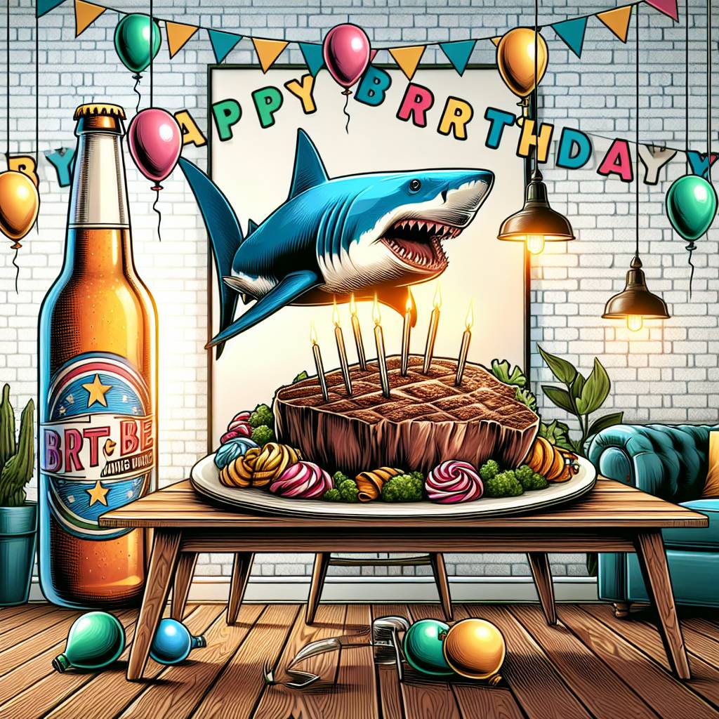 2) Birthday AI Generated Card - Jaws, Beer, and Steak (352ca)