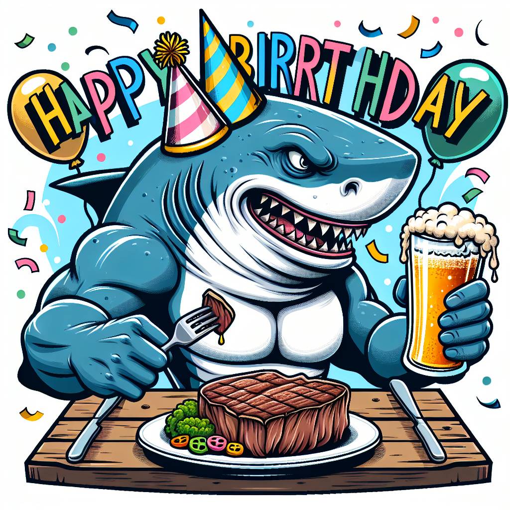 3) Birthday AI Generated Card - Jaws, Beer, and Steak (feb4e)