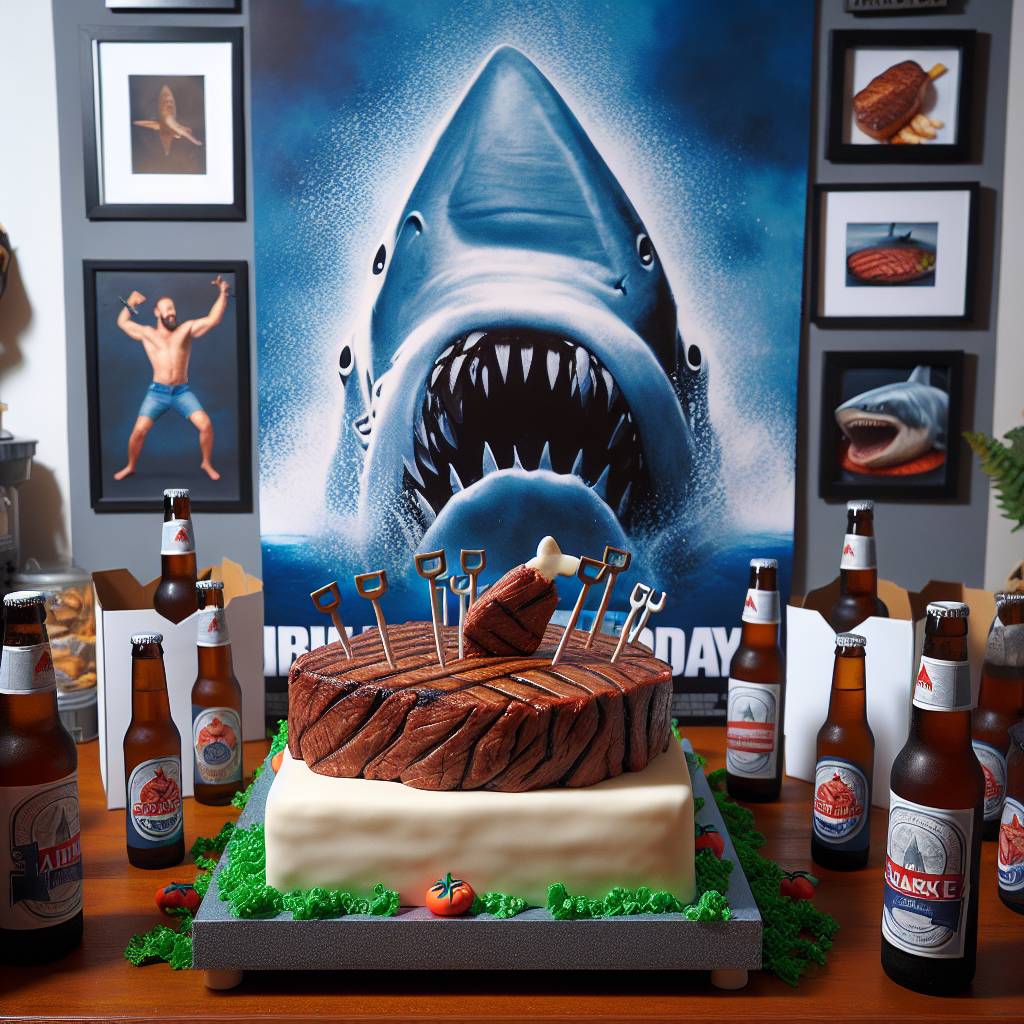 4) Birthday AI Generated Card - Jaws, Beer, and Steak (086c6)