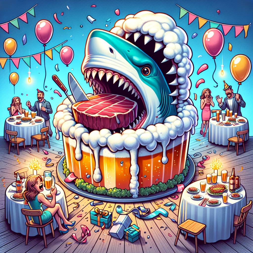 1) Birthday AI Generated Card - Jaws, Beer, and Steak (fb52d)
