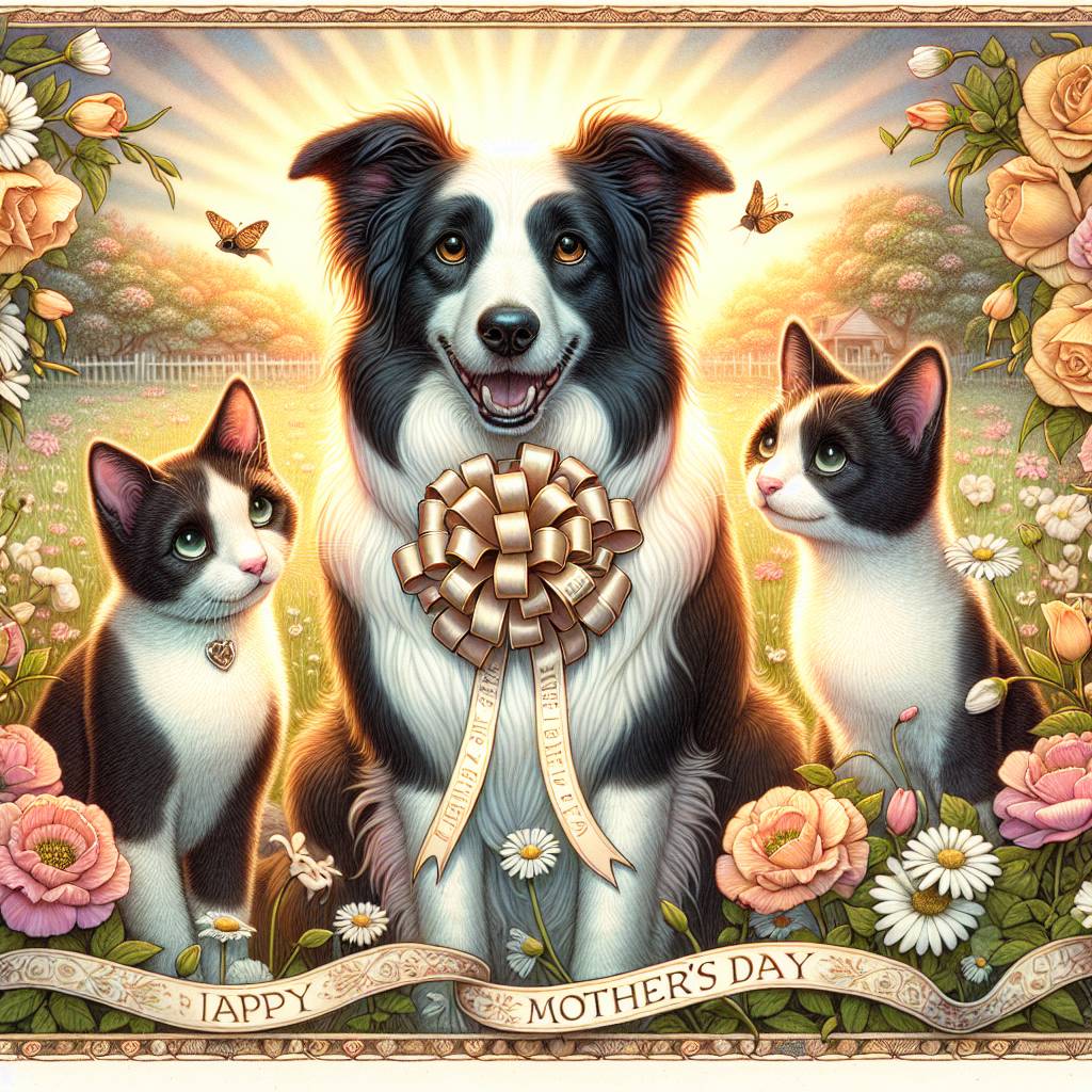 1) Mothers-day AI Generated Card - Border collie, 2 tuxedo cats, and Pokémon  (b1463)