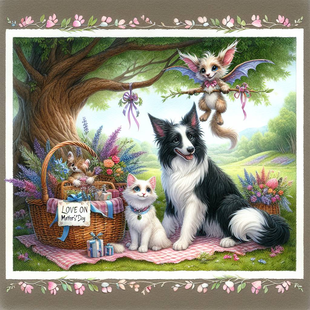 2) Mothers-day AI Generated Card - Border collie, 2 tuxedo cats, and Pokémon  (80dc4)