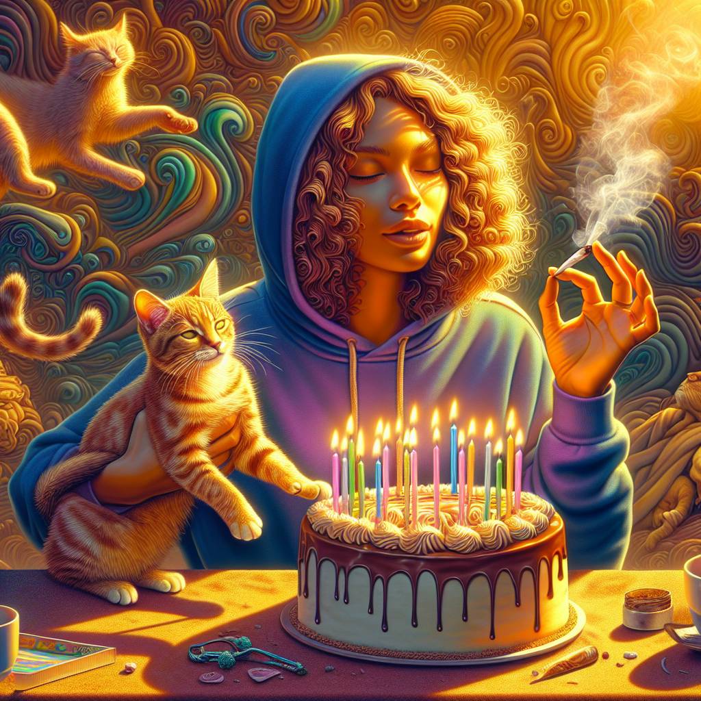2) Birthday AI Generated Card - Mixed race interracial lady really curly shoulder length hair, medium to brown skin tone wearing a hoodie, Tabby cat Kitten, Smoking weed marijuana, Birthday cake celebration, High, Chocolate, Alcohol, and Sunshine (28a91)
