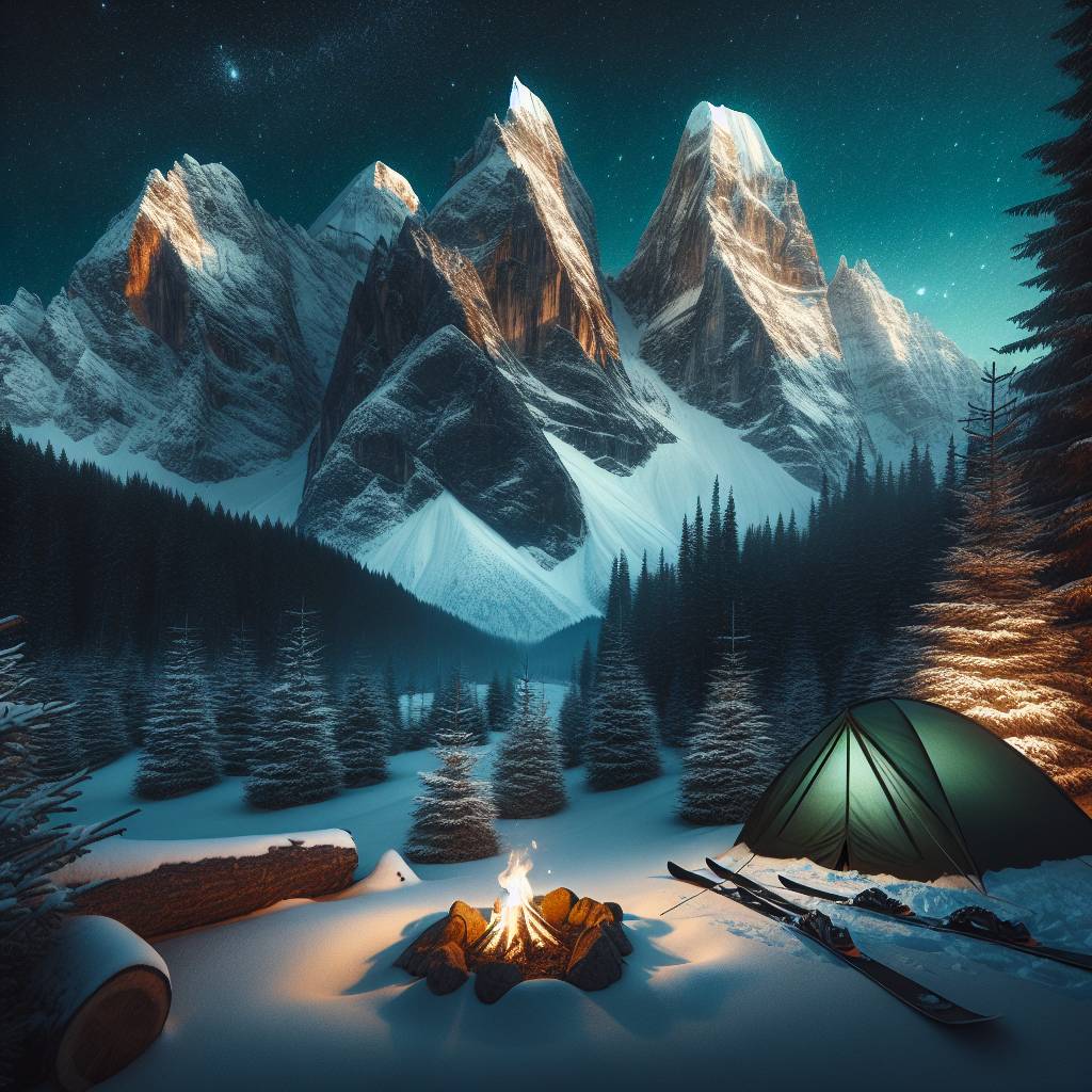 3) Christmas AI Generated Card - Snowy mountains with forest, Small tent with a campfire outside it, Starry sky, and Skis sticking out of snow next to tent (da23f)