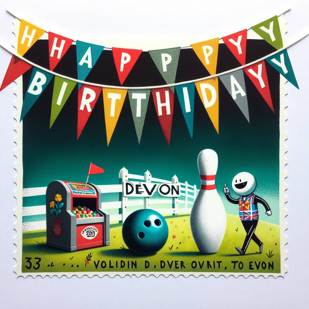 3) Birthday AI Generated Card - Bunting at the top, Among us character at the bottom right corner, In devon, and A bowling ball in the middle (9fff8)