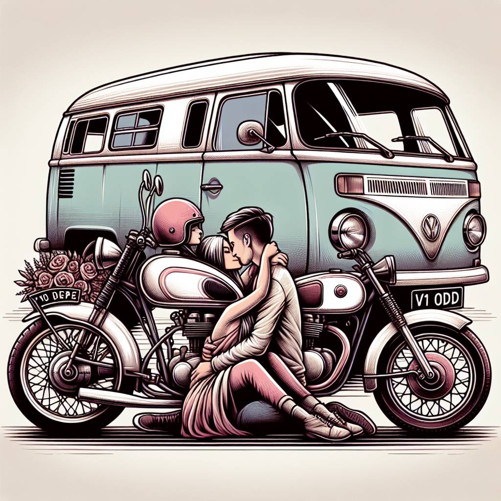 2) Valentines-day AI Generated Card - Harley Davidson motorcycles registration V1 ODD, VW CAMPERVAN, and Harley Davidson and romantic couple (8471a)