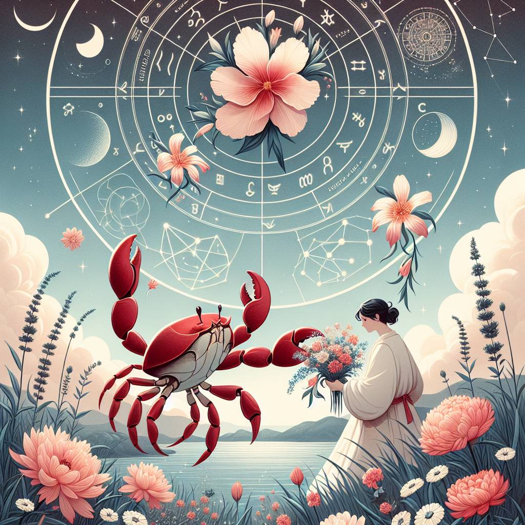 2) Mothers-day AI Generated Card - A red crab picking flowers in an astro worl, Flowers flying in the air, and Astrology (6f17f)
