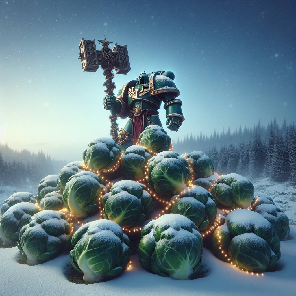 1) Christmas AI Generated Card - warhammer/ brussells sprouts (b2e63)