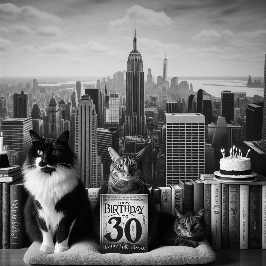 2) Birthday AI Generated Card - Black and white cat, Brown tabby cat, New York City , Books, Harry Potter , and 30 (15557)