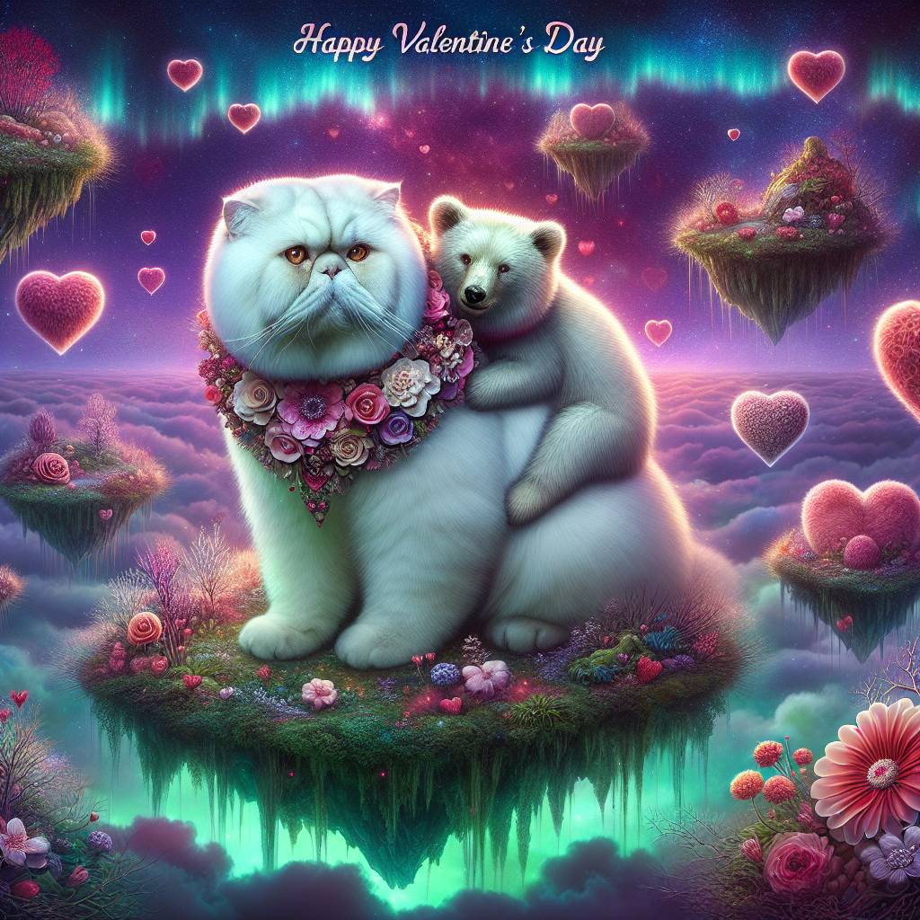 2) Valentines-day AI Generated Card - White exotic short hair cat , Bear , Flowers , Hug, Hearts , and Word “Happy Valentine’s Day” (21b15)