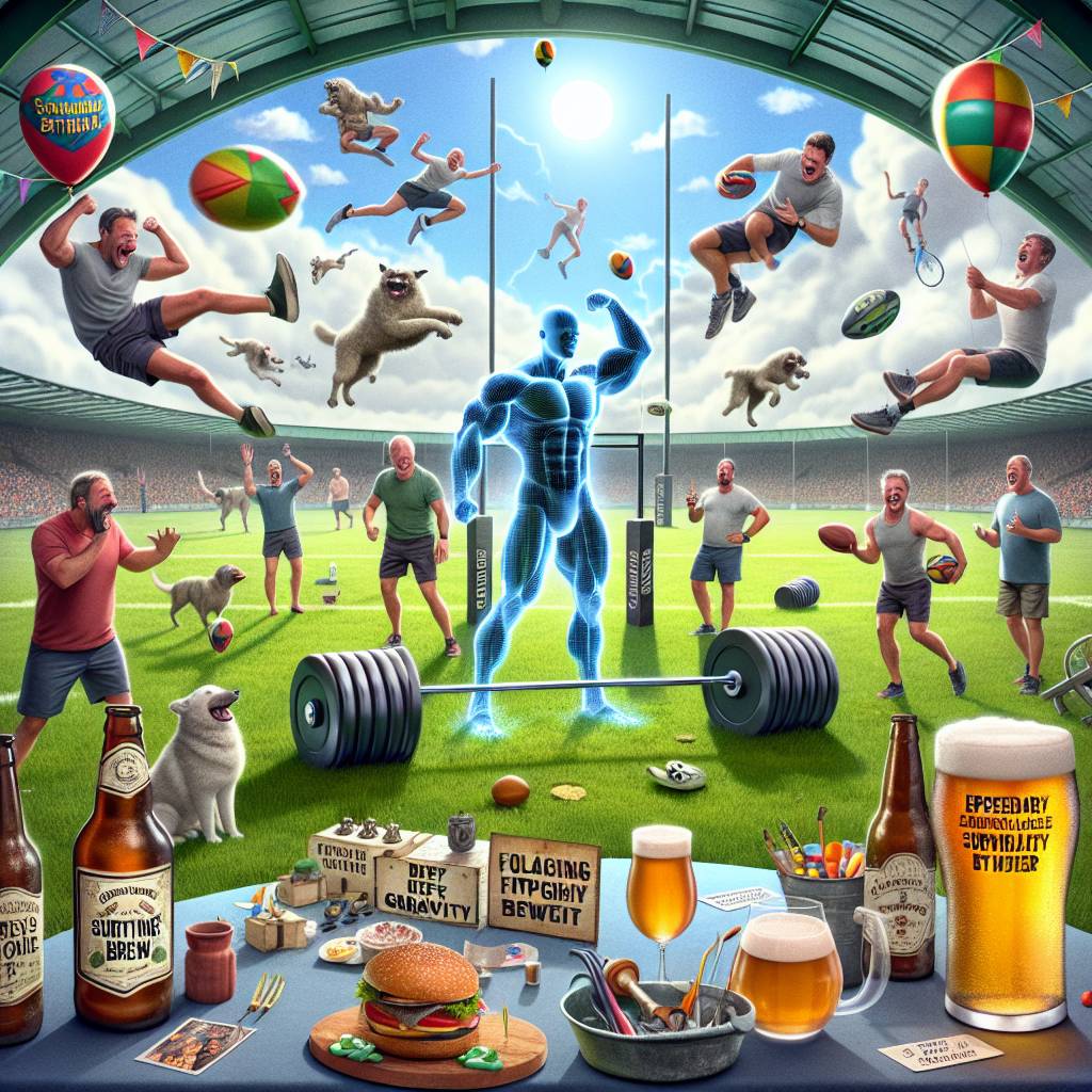 1) Birthday AI Generated Card - Rugby , Fitness , Beer, Ricky Gervais, Bear Grylls, His kids , and Dogs (3f586)