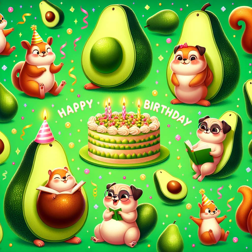 1) Birthday AI Generated Card - Avocado's pugs squirrels, the colour green, reading  (1431d)