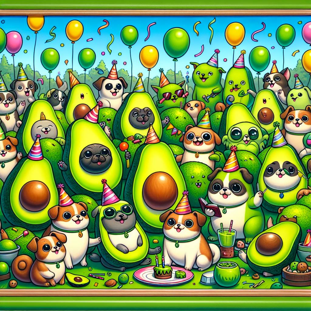 2) Birthday AI Generated Card - Avocado's pugs squirrels, the colour green, reading  (ada14)