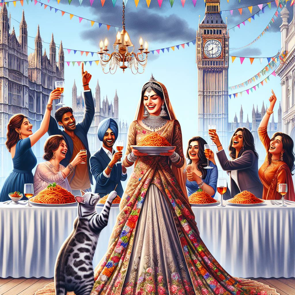 1) Birthday AI Generated Card - Indian woman, London, Grey Bengal cat, Spaghetti Bolognese , Happy female friends, and Birthday (f56d1)