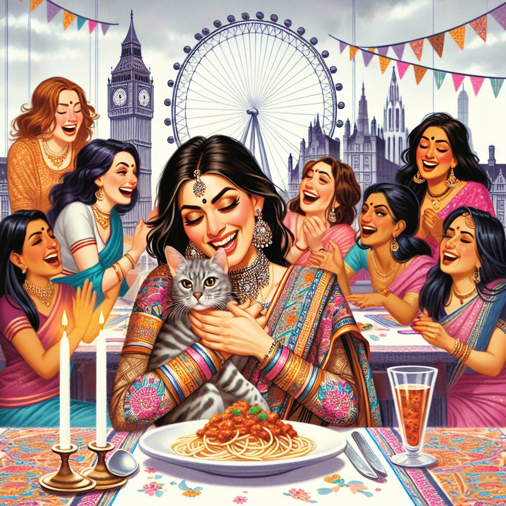 2) Birthday AI Generated Card - Indian woman, London, Grey Bengal cat, Spaghetti Bolognese , Happy female friends, and Birthday (82679)