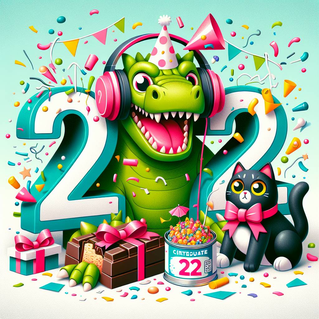 1) Birthday AI Generated Card - Headphones , Godzilla, Black cat, 22, Can of tuna, and Bar of chocolate  (3ba72)