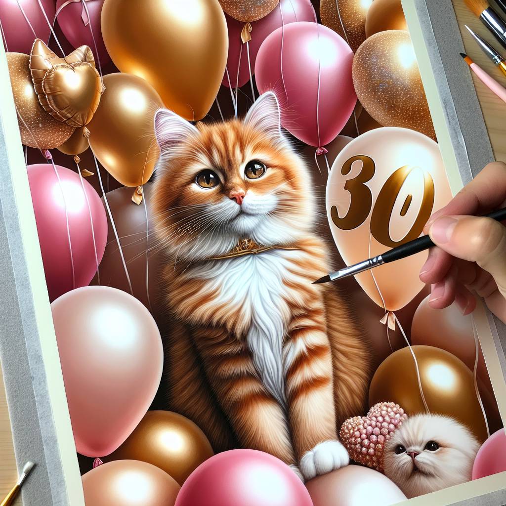 1) Birthday AI Generated Card - Ginger cat, daughter 30th birthday, balloons,  (2d69a)