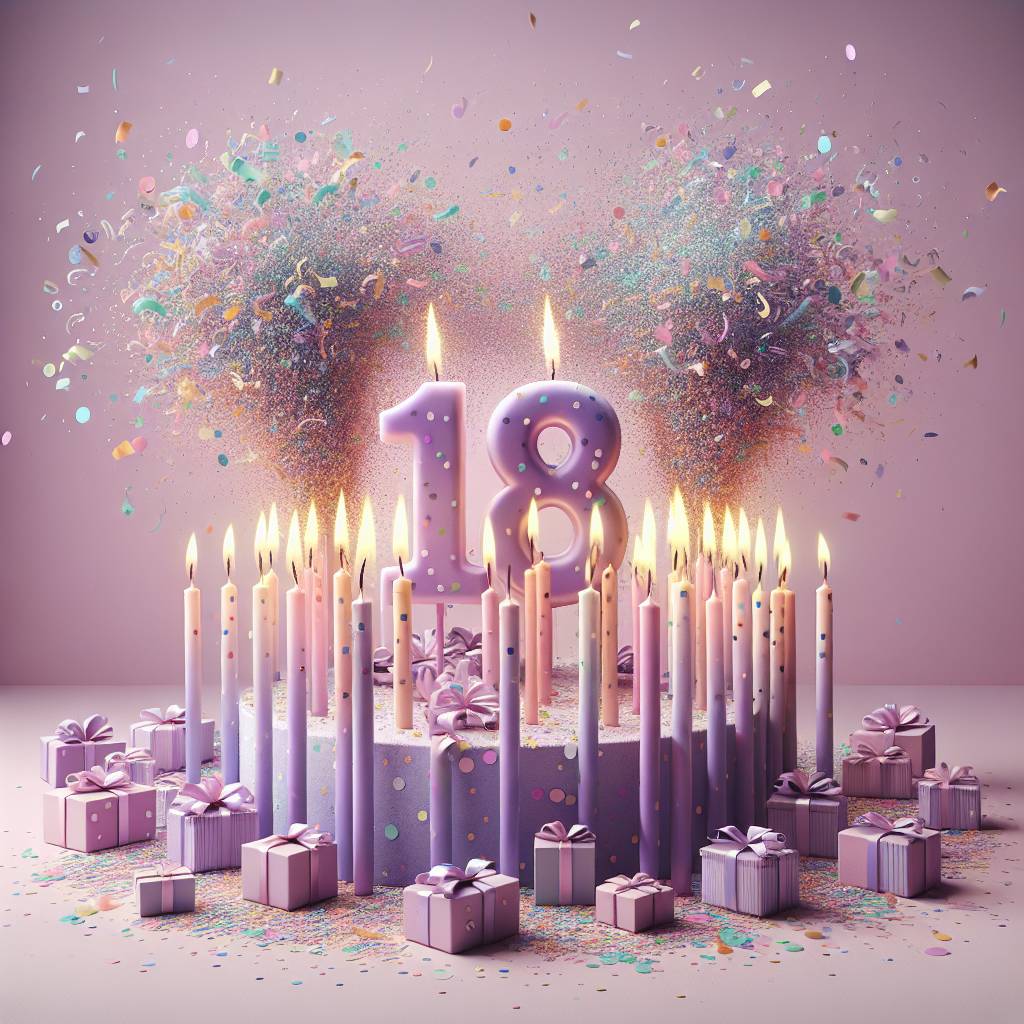 3) Birthday AI Generated Card - The number 18, Pastel purple, and Confetti