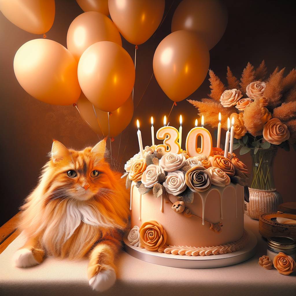 2) Birthday AI Generated Card - Cute ginger cat, daughter 30th birthday, balloons and cake (d8655)