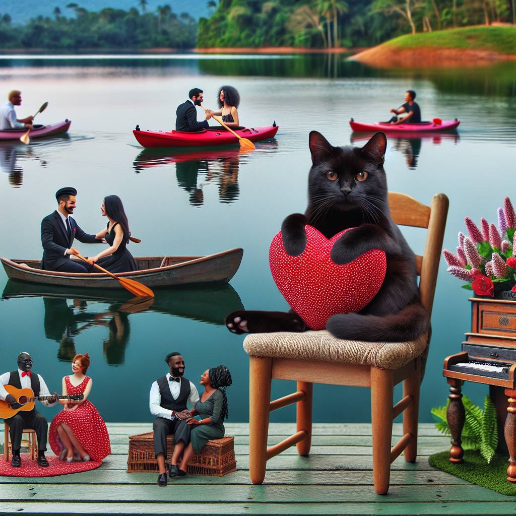 1) Valentines-day AI Generated Card - Black cat, Chairs, Kayaking, and Tap dancing (46c04)