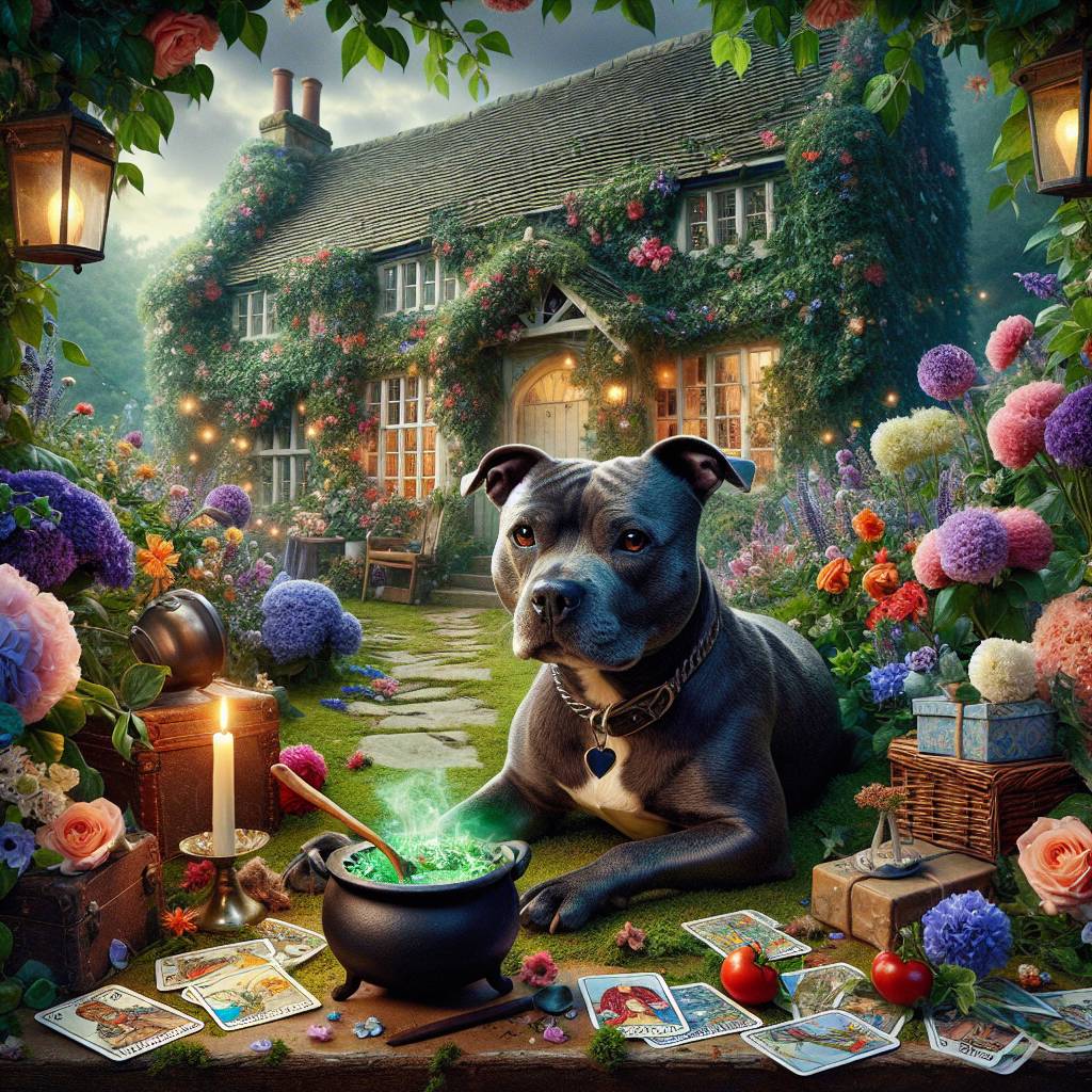 1) Birthday AI Generated Card - No people, Beautiful cottage garden, Magical, Cosy, Cauldron , Tarot cards, Blue Staffordshire bull terrier, Flowers, English country cottage, and Love (7810c)