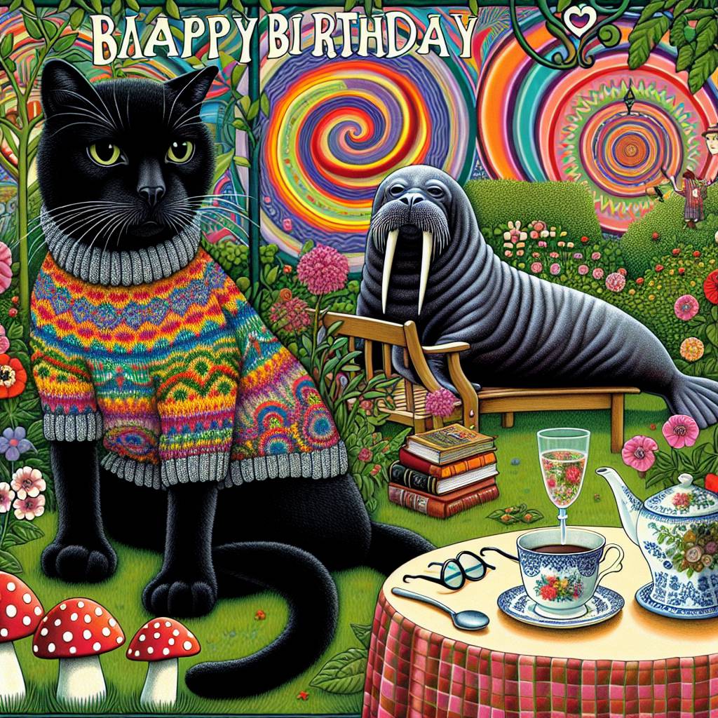 1) Birthday AI Generated Card - Black cat, Walrus, Knitted jumper, Waistcoat, Psychedelic music, 1960s music, Reading, History, Yorkshire, Eating mushrooms, Gardening, Drinking tea, and Wine (b0050)